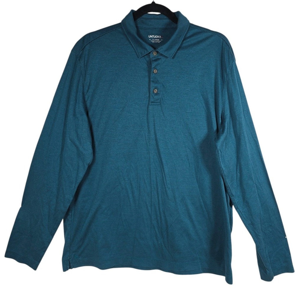 UNTUCKit Damaschino Jacquard Long Sleeve Polo Shirt Mens Blu Teal XL Regular Fit